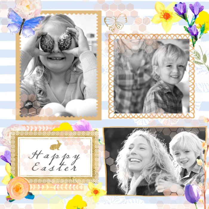 Springtime Stripes And Daffodils Personalised Photo Upload Happy Easter Card