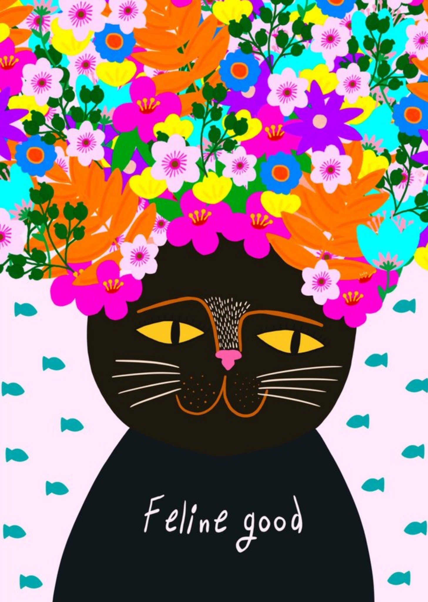 Moonpig Feline Good Illustrated Cat Floral Card Ecard