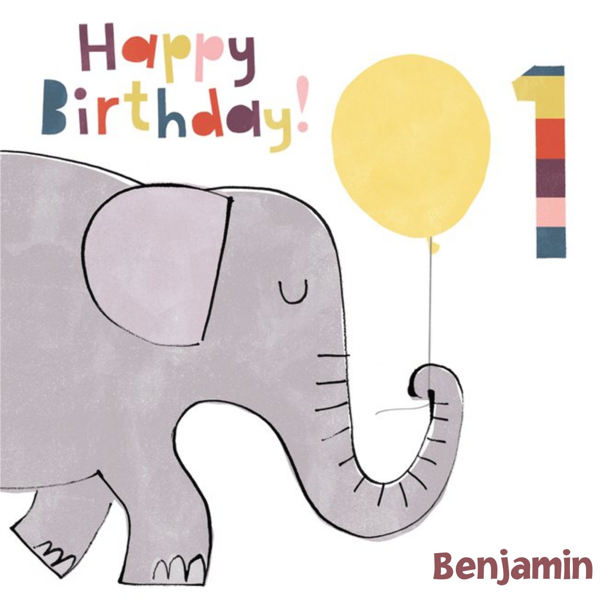 Cartoon Elephant Personalised Happy 1st Birthday Card, Square