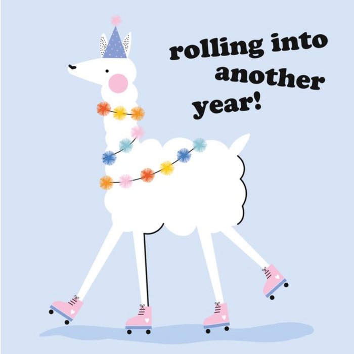 Cute Rolling Into Another Year Llama Card