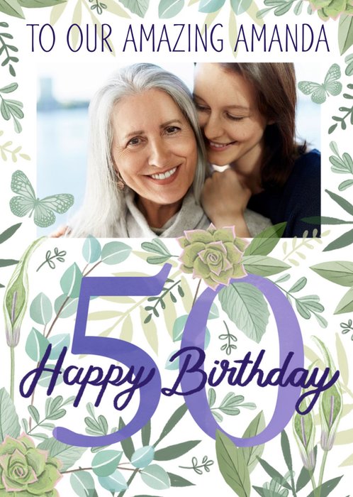 Illustrated Photo Upload Floral 50th Birthday Card