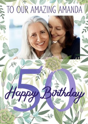 Illustrated Photo Upload Floral 50th Birthday Card