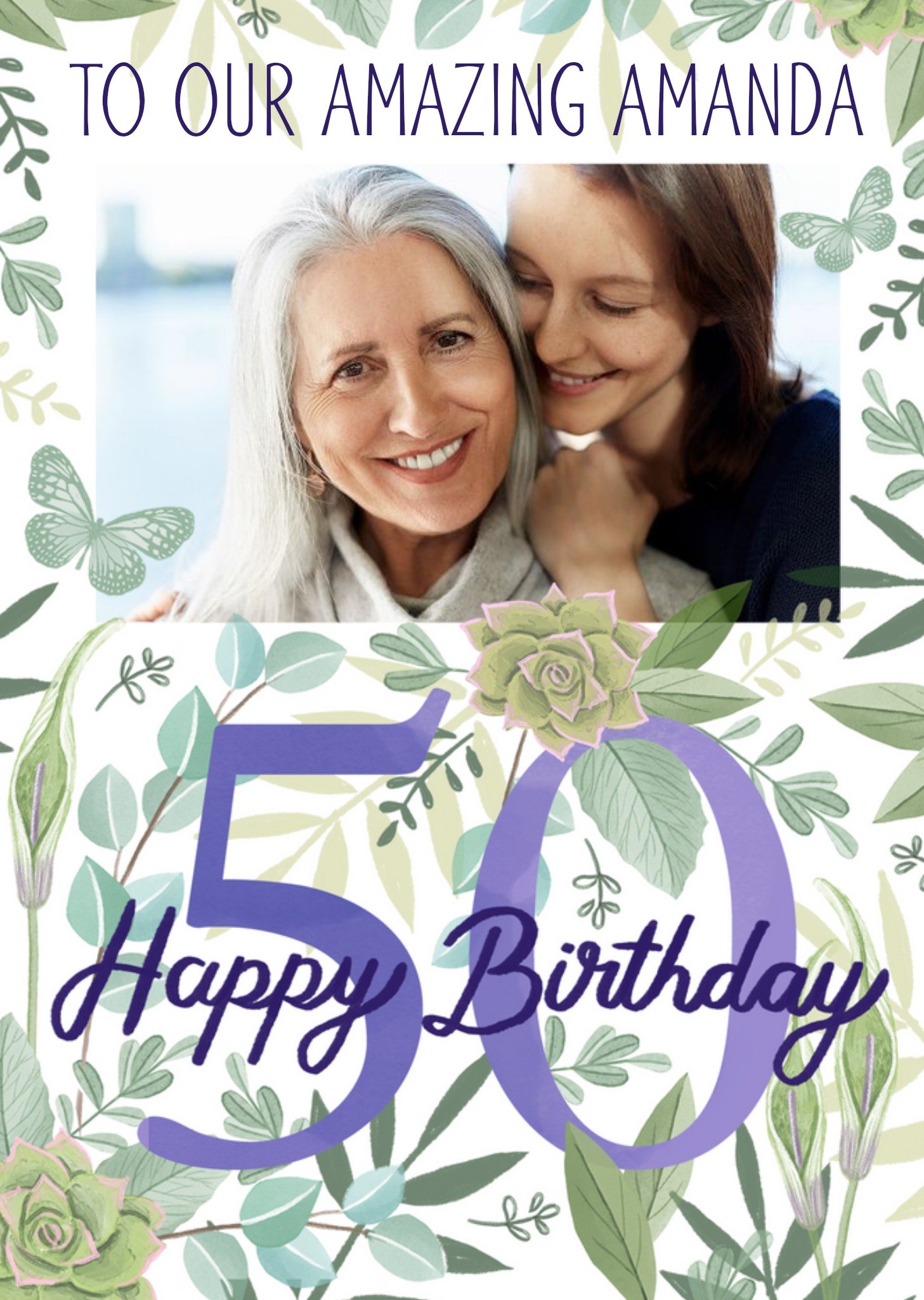 Okey Dokey Design Illustrated Photo Upload Floral 50th Birthday Card Ecard