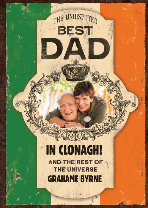 Vintage Frame With An Irish Flag On Rustic Metal Photo Upload Personalised Dad Birthday Card