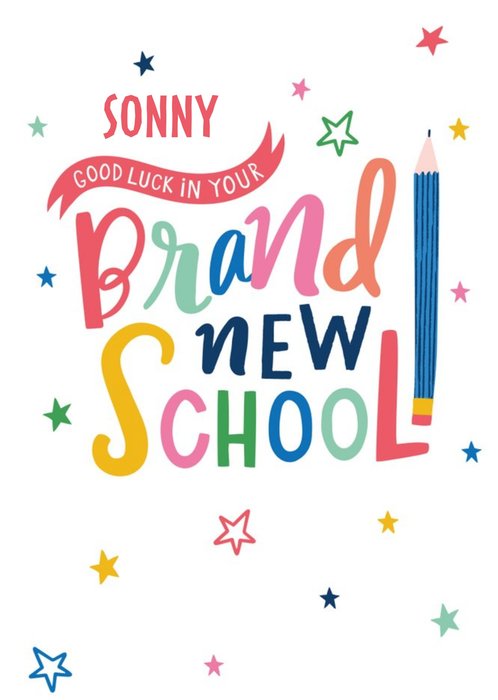 Modern Fun Pencil And Stars Illustration Personalise Name Brand New School Card