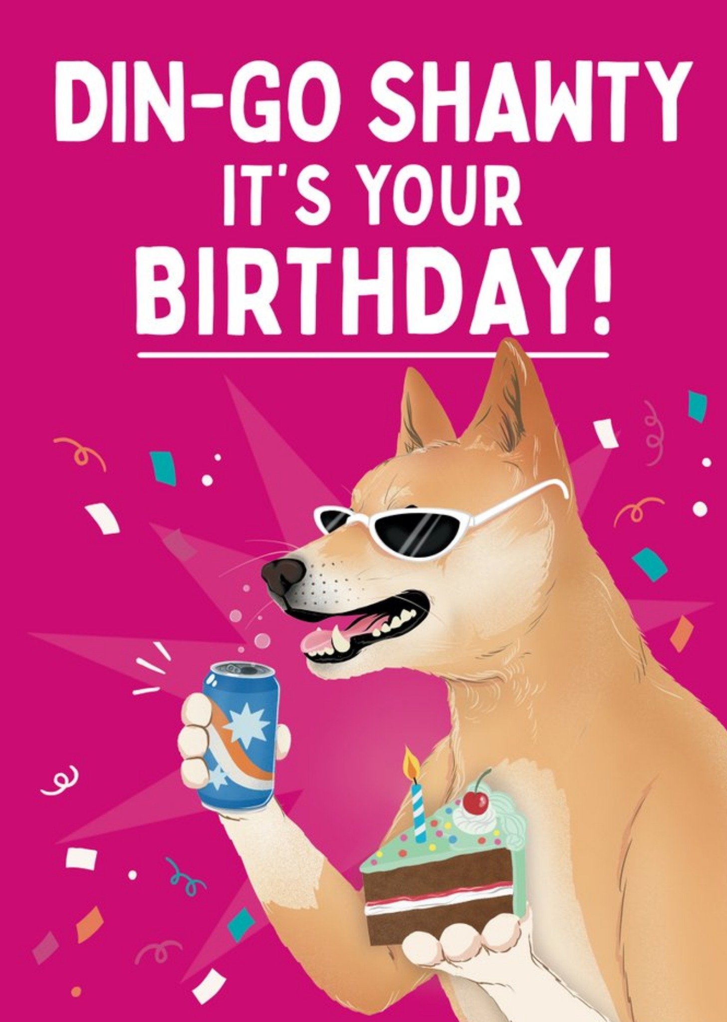 Moonpig Illustration Of A Cool Dingo With Fizzy Pop And Cake Funny Pun Birthday Card Ecard