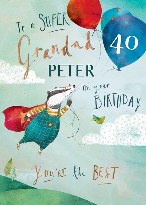Illustration Of A Badger Flying Through The Sky Super Grandad 40th Birthday Card