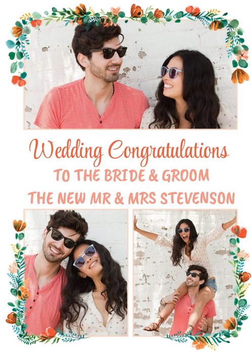 Wedding Card - Wedding Congratulations - Floral Modern Photo Upload card - To The Bride And Groom