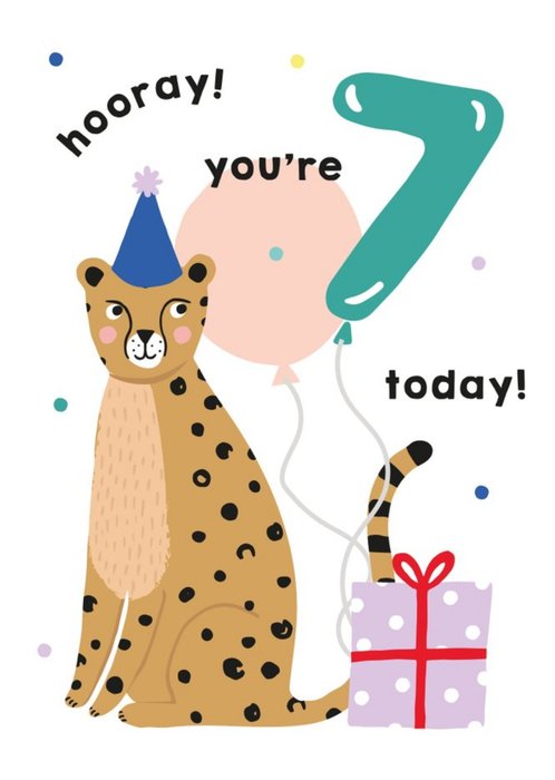 Illustrated Cute Leopard Party Hat Hooray Youre 7 Today Birthday Card