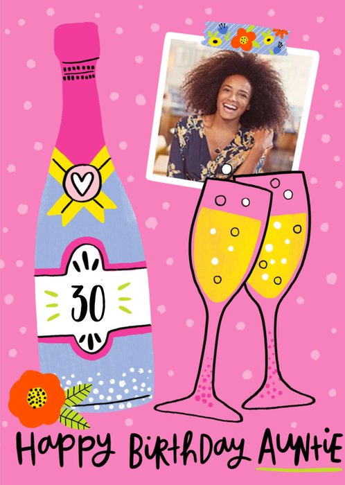 Illustration Of A Bottle Of Wine And Two Glasses On A Pink Background Auntie's Birthday Card