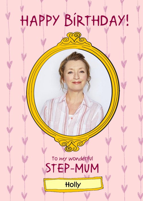 Photo Upload Illustrated Oval Yellow Frame Step Mum Birthday Card