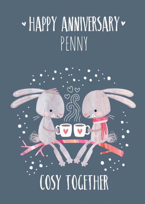Sweet Illustrated Cosy Together Bunnies Drink Hot Chocolate Anniversary Card