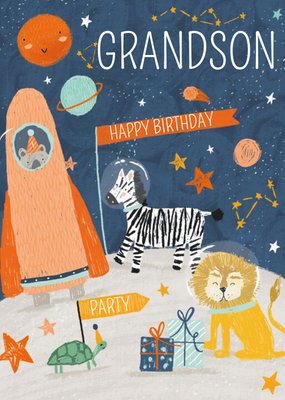 Space Zoo Party Illustration Grandson Birthday Card