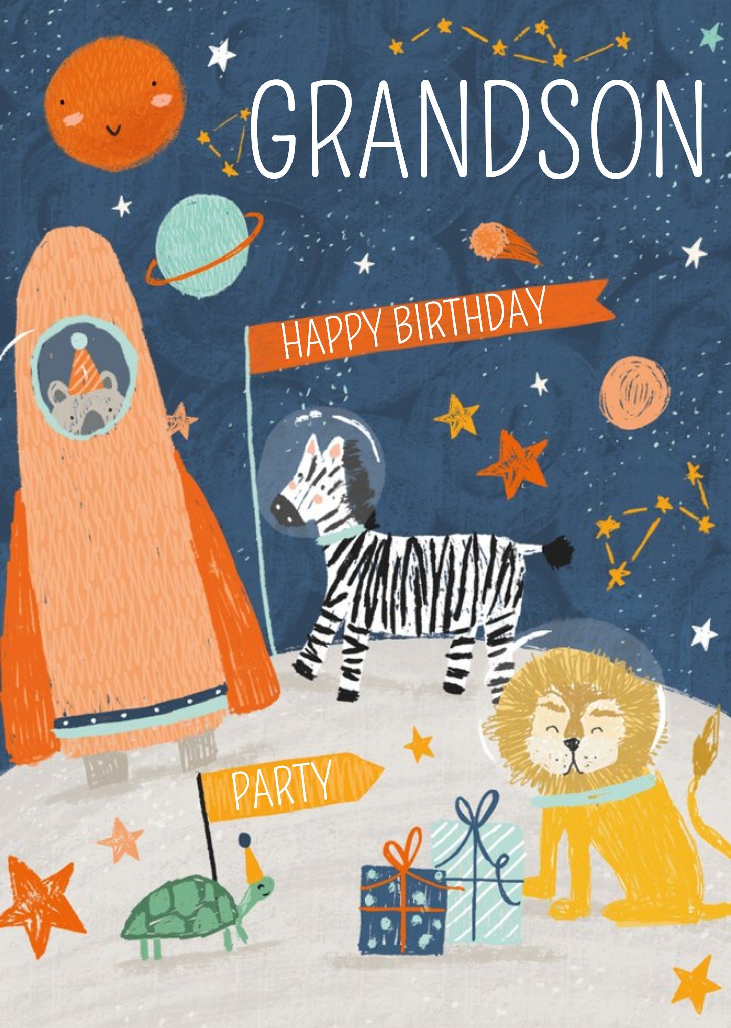Moonpig Space Zoo Party Illustration Grandson Birthday Card, Large
