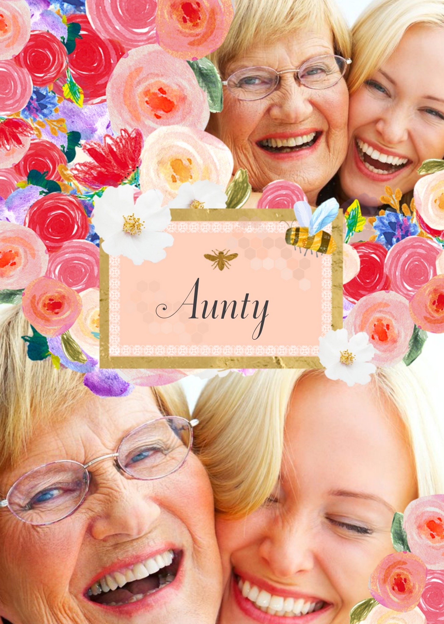 Flowers And Bees Personalised Double Photo Upload Happy Birthday Card For Aunt Ecard