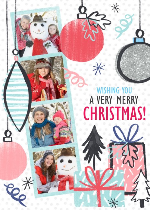 Photo Strip With Baubles Personalised 4 Photo Upload Merry Christmas Card