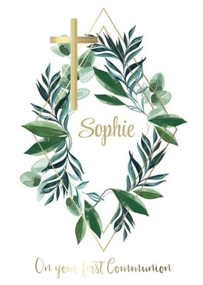 Floral Illustration In The Shape Of A Diamond With A Gold Christian Cross First Communion Card 
