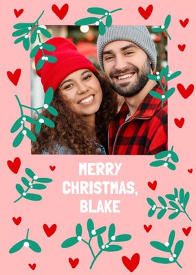 Adoring Festive Mistletoe And Love Hearts Photo Upload Christmas Card