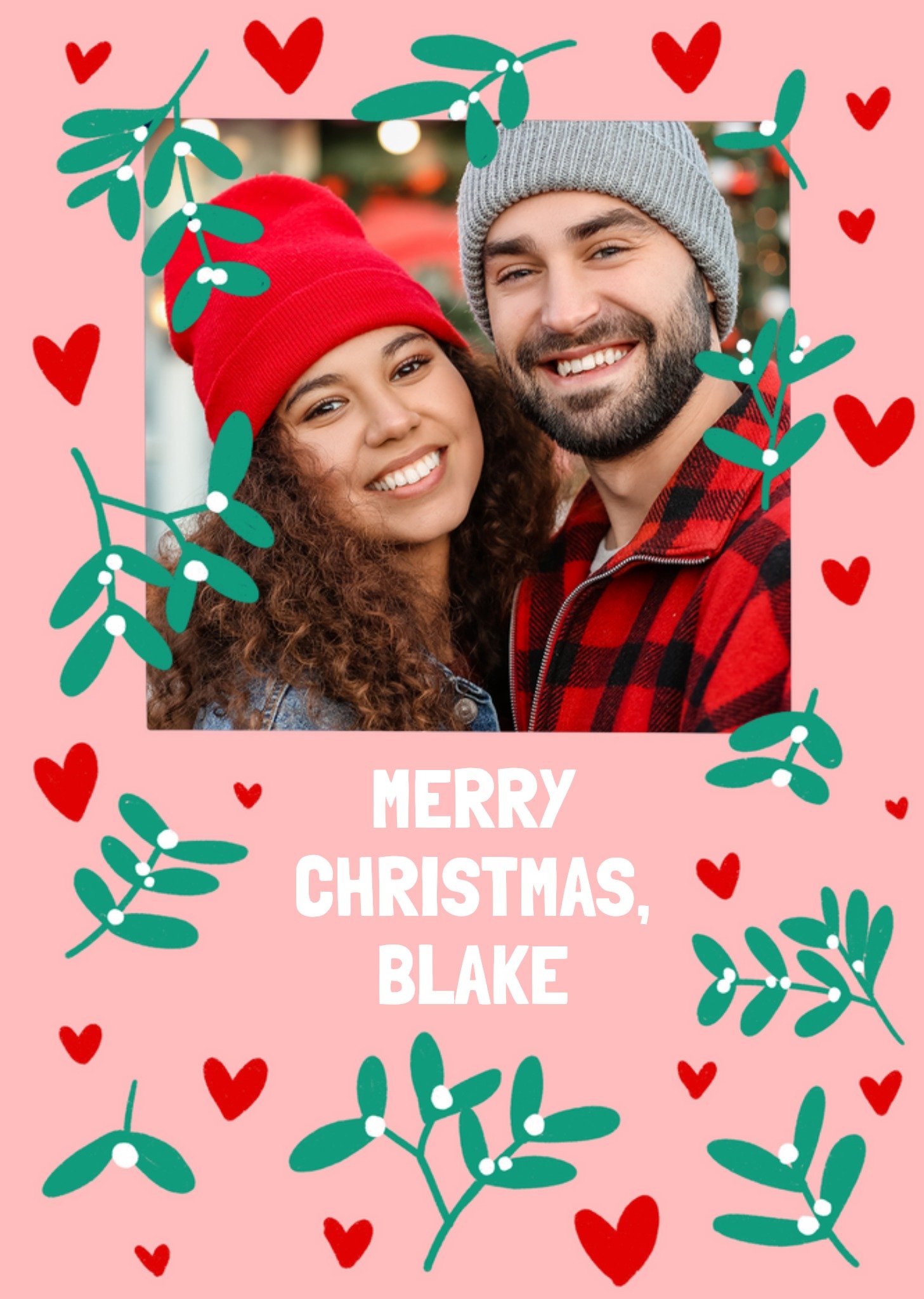 Moonpig Adoring Festive Mistletoe And Love Hearts Photo Upload Christmas Card, Large