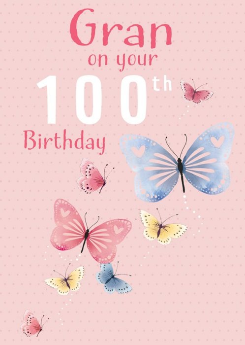 Illustration Of Butterflies On A Pink Polka Dot Background Gran's One Hundredth Birthday Card