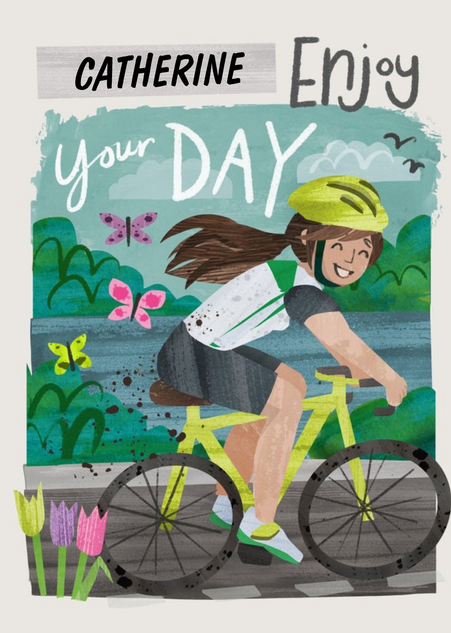 Illustration Of A Girl Cycling. Enjoy Your Day Birthday Card Ecard