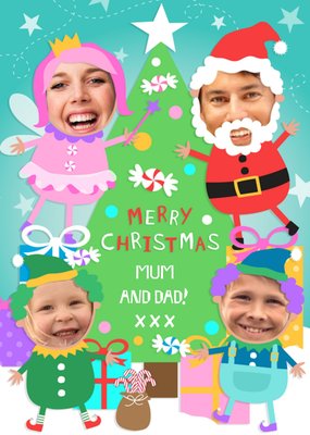 Tree And Festive Characters Personalised Photo Upload Merry Christmas Card