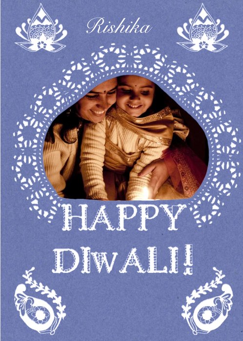 Purple And White Patterned Personalised Photo Upload Happy Diwali Card
