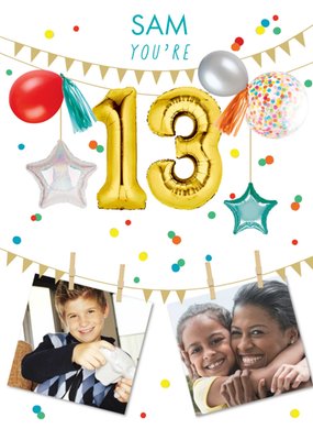 Party Themed Display Of Balloons With Two Photo Uploads Thirteenth Birthday Card
