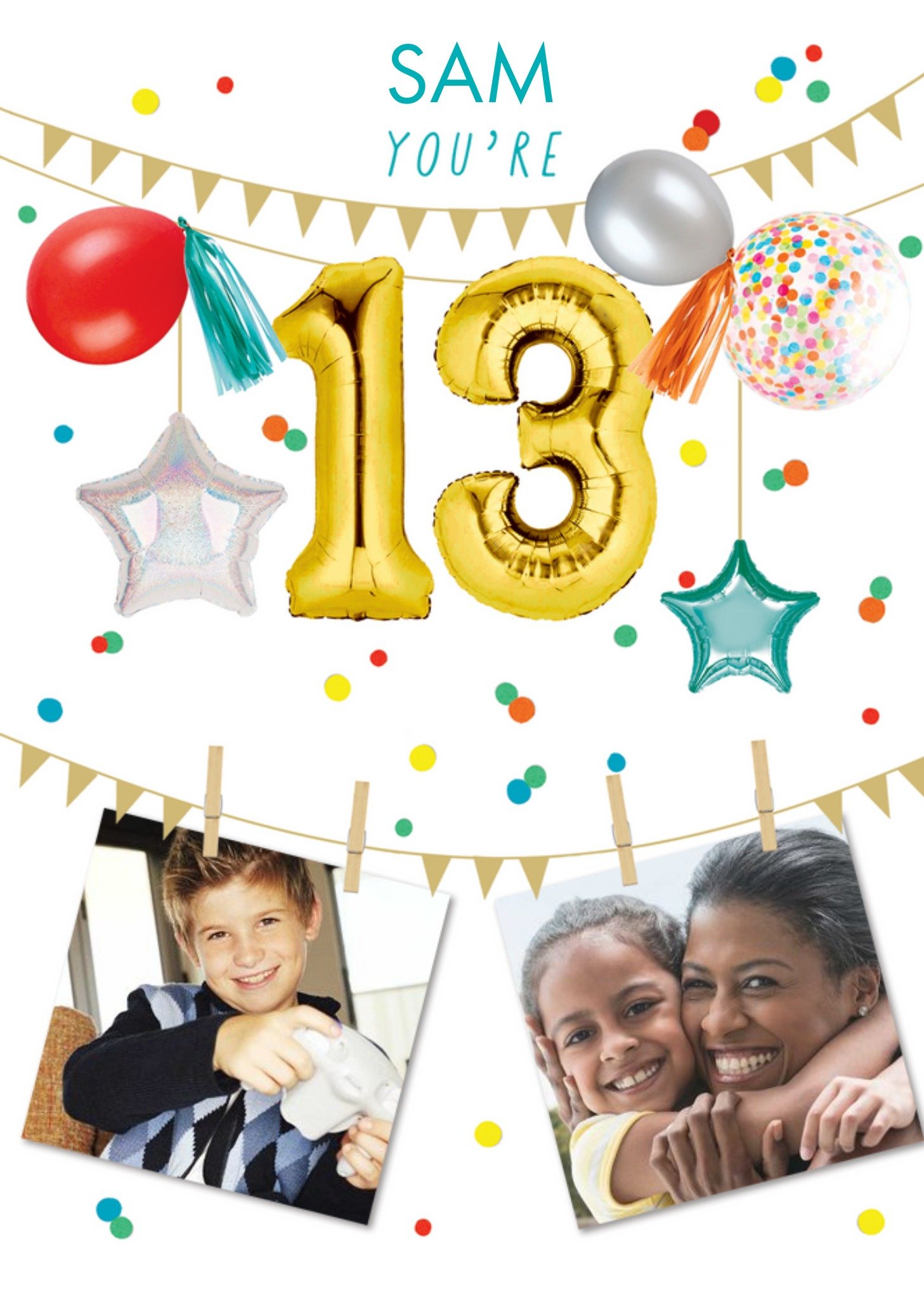 Party Themed Display Of Balloons With Two Photo Uploads Thirteenth Birthday Card Ecard