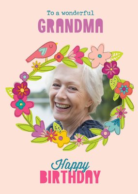 Photo Upload with Illustrated Floral Border Grandma Birthday Card  