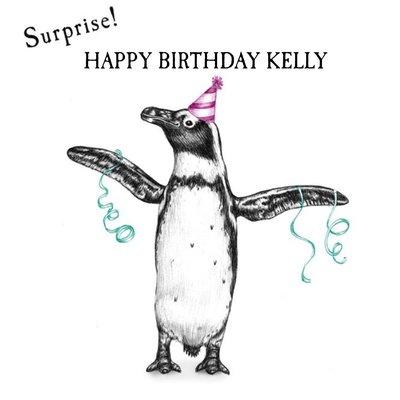 Illustrated Penguin Surprise Birthday Card
