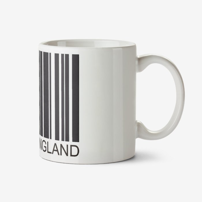 White mug with a black barcode and caption that reads Made In England