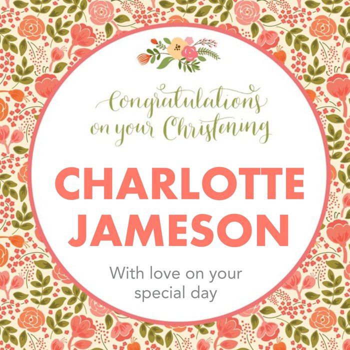 Coral Floral Background Personalised Christening Day Card
