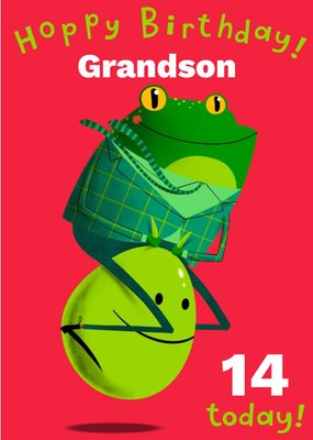 Frog Hopping On A Space Hopper Personalise Age Grandson Birthday Card