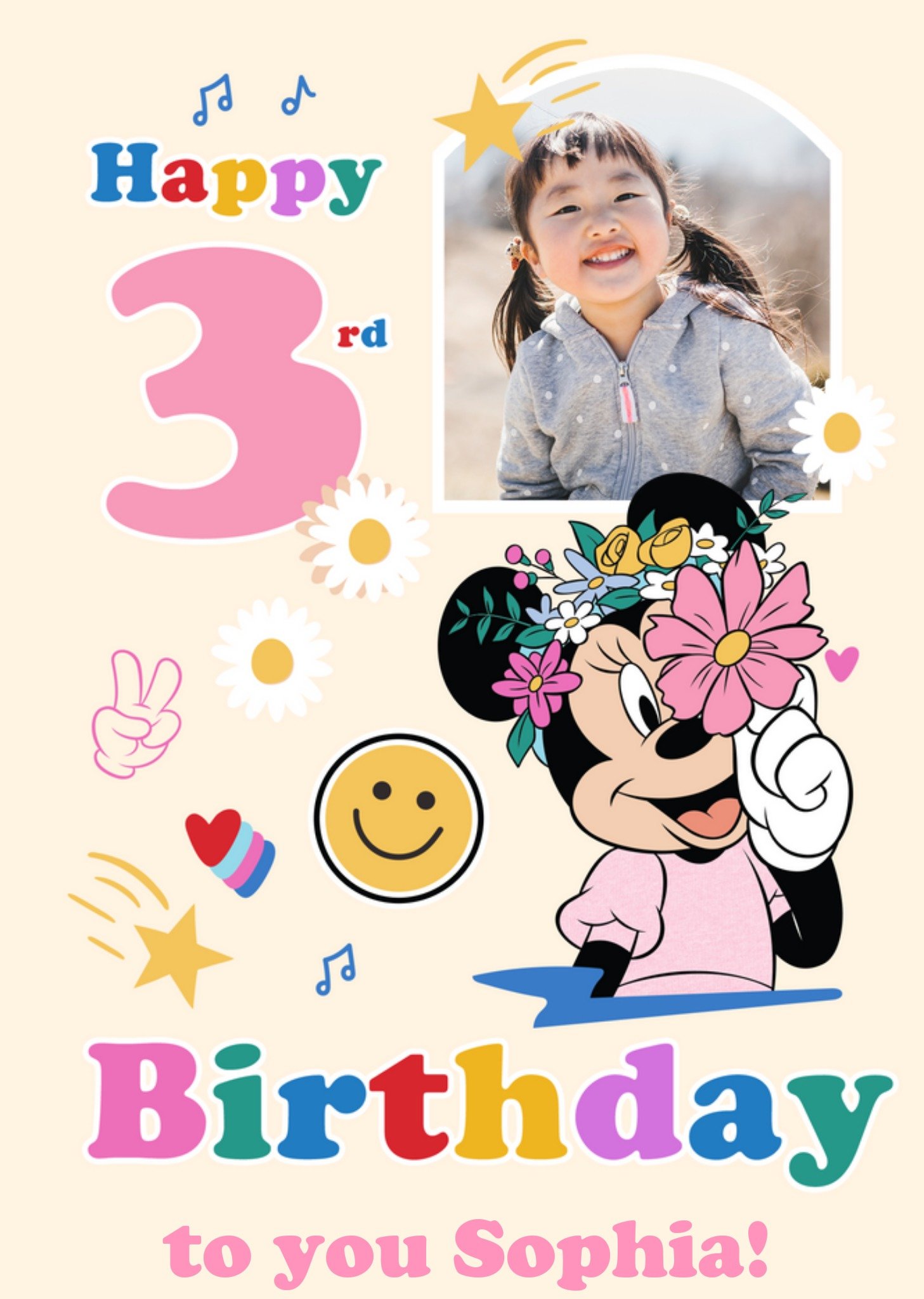 Disney Minnie Mouse Holding Pink Flower Happy 3rd Birthday Photo Upload Card, Large