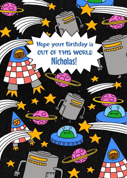 Spaceships Space Astronauts Aliens Out Of This World Birthday Card