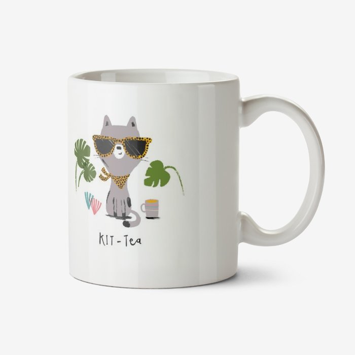 Two cute Illustrations Of A Kitten Wearing Sunglasses And A Neck Tie. Kit-Tea Mug