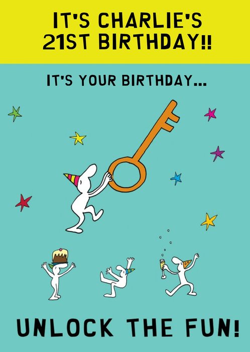Illustration Of Characters Partying With Cake And Bubbly Twenty First Birthday Card