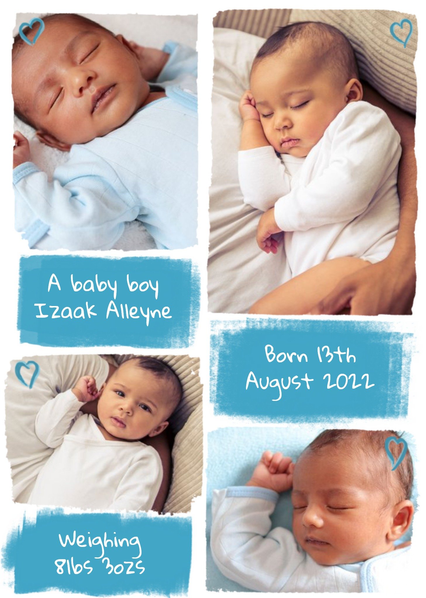 Moonpig Little Hearts Personalised Photo Upload New Baby Boy Postcard