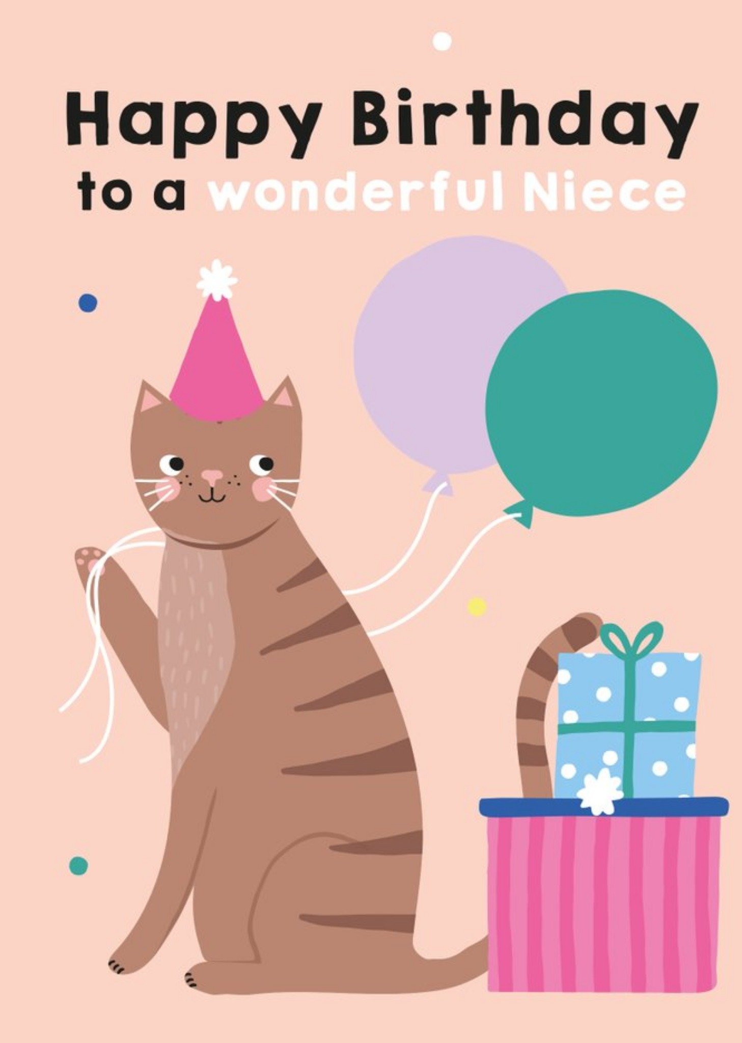 Moonpig Illustrated Cute Party Hat Stripy Cat Happy Birthday To A Wonderful Niece Ecard