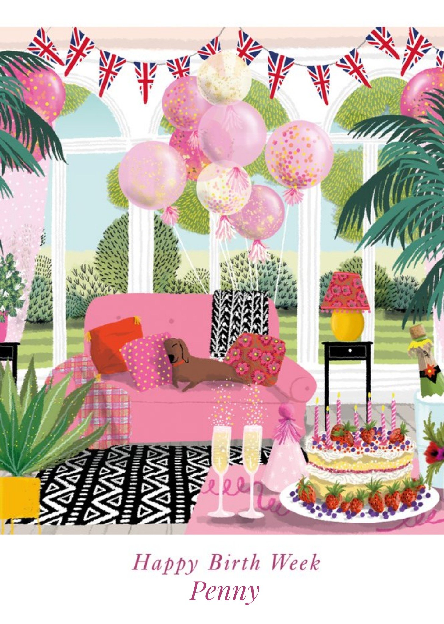 Moonpig British Themed Illustration Of A Room Decorated With Buntings And Balloons Birth Week Birthd