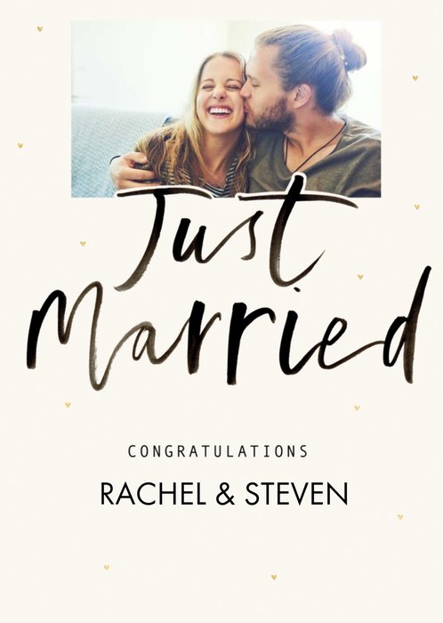 Handwritten Typography On A White Background Just Married Photo Upload ...