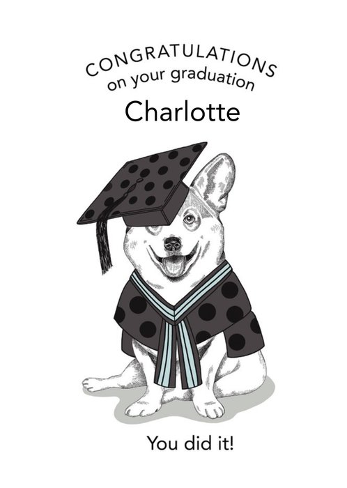 Dotty Dog Art Illustrated Corgi Dog Graduation Card