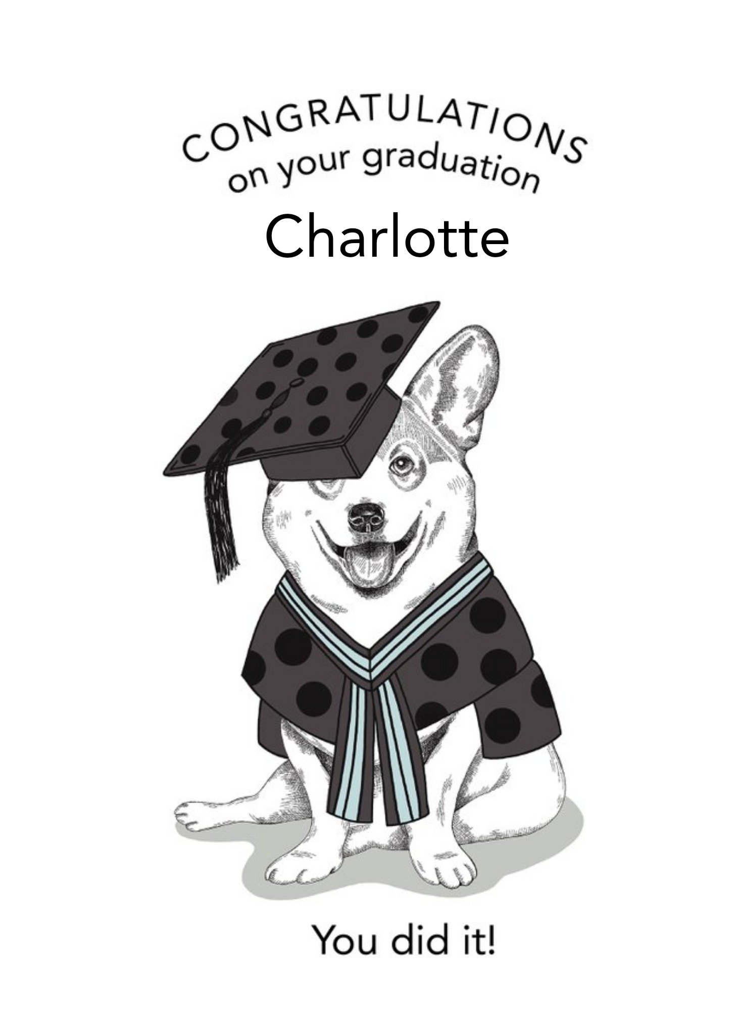 Moonpig Dotty Dog Art Illustrated Corgi Dog Graduation Card Ecard