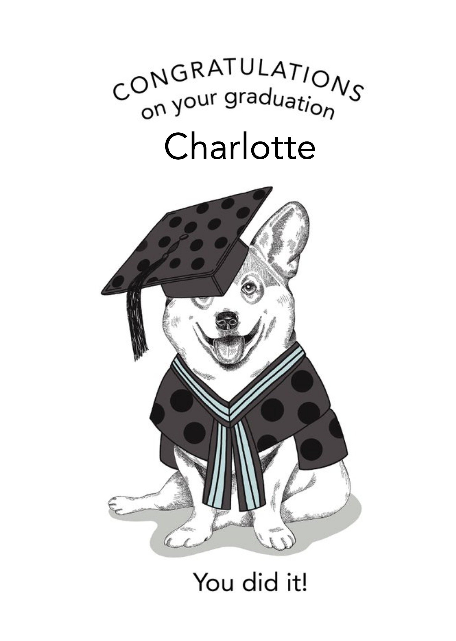 Dotty Dog Art Illustrated Corgi Dog Graduation Card Ecard