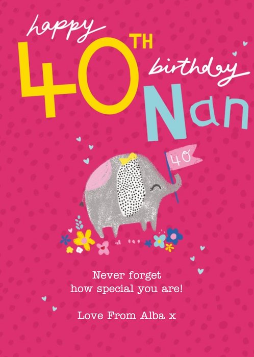 Clintons Nan Bright Illustrated Elephant 40th Birthday Card