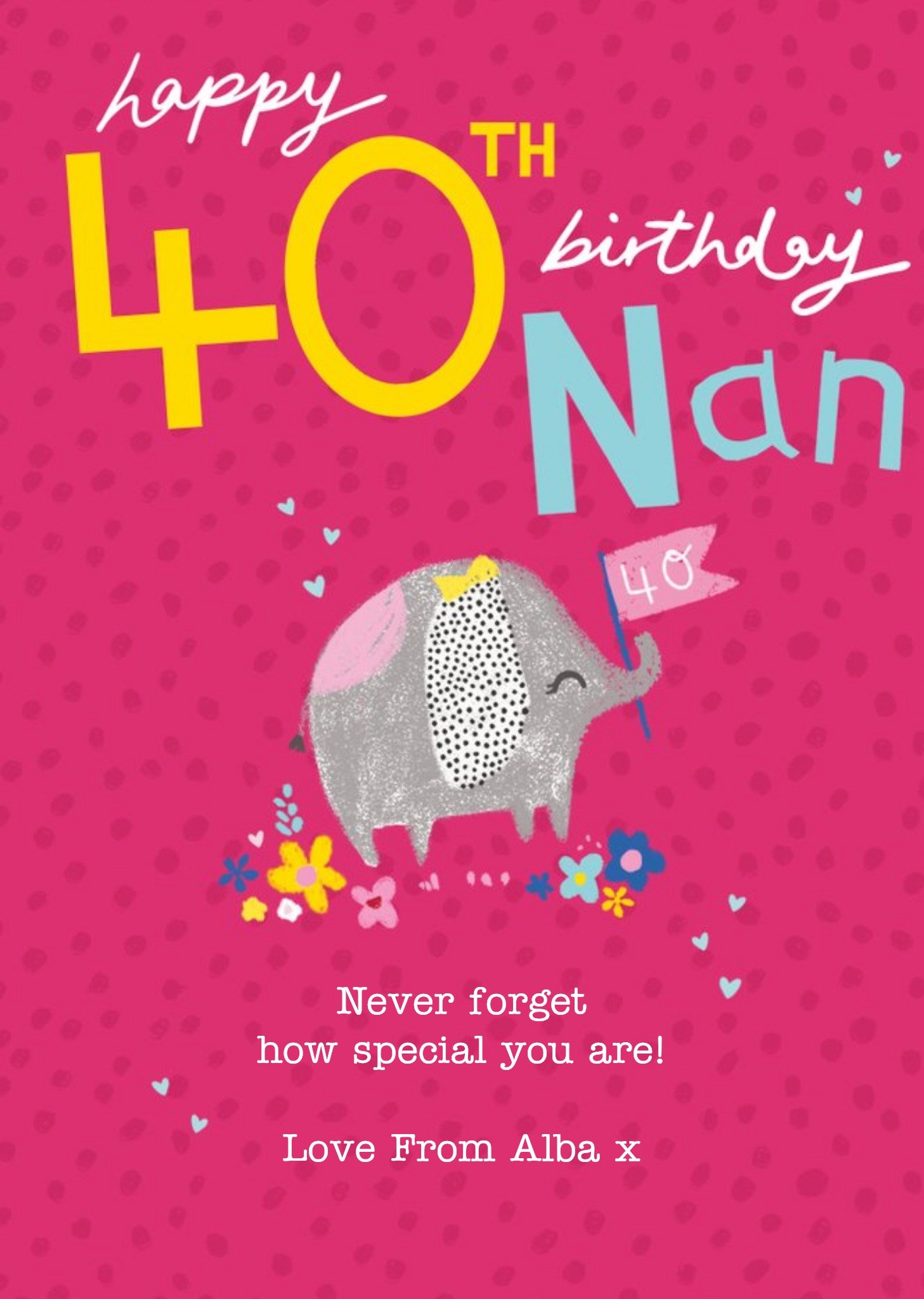 Clintons Nan Bright Illustrated Elephant 40th Birthday Card Ecard