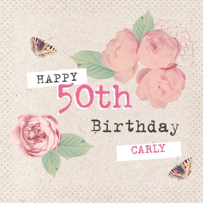 Cream With Roses Personalised Happy 50th Birthday Card