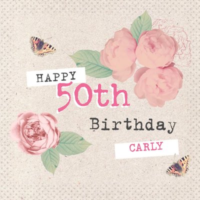 Cream With Roses Personalised Happy 50th Birthday Card