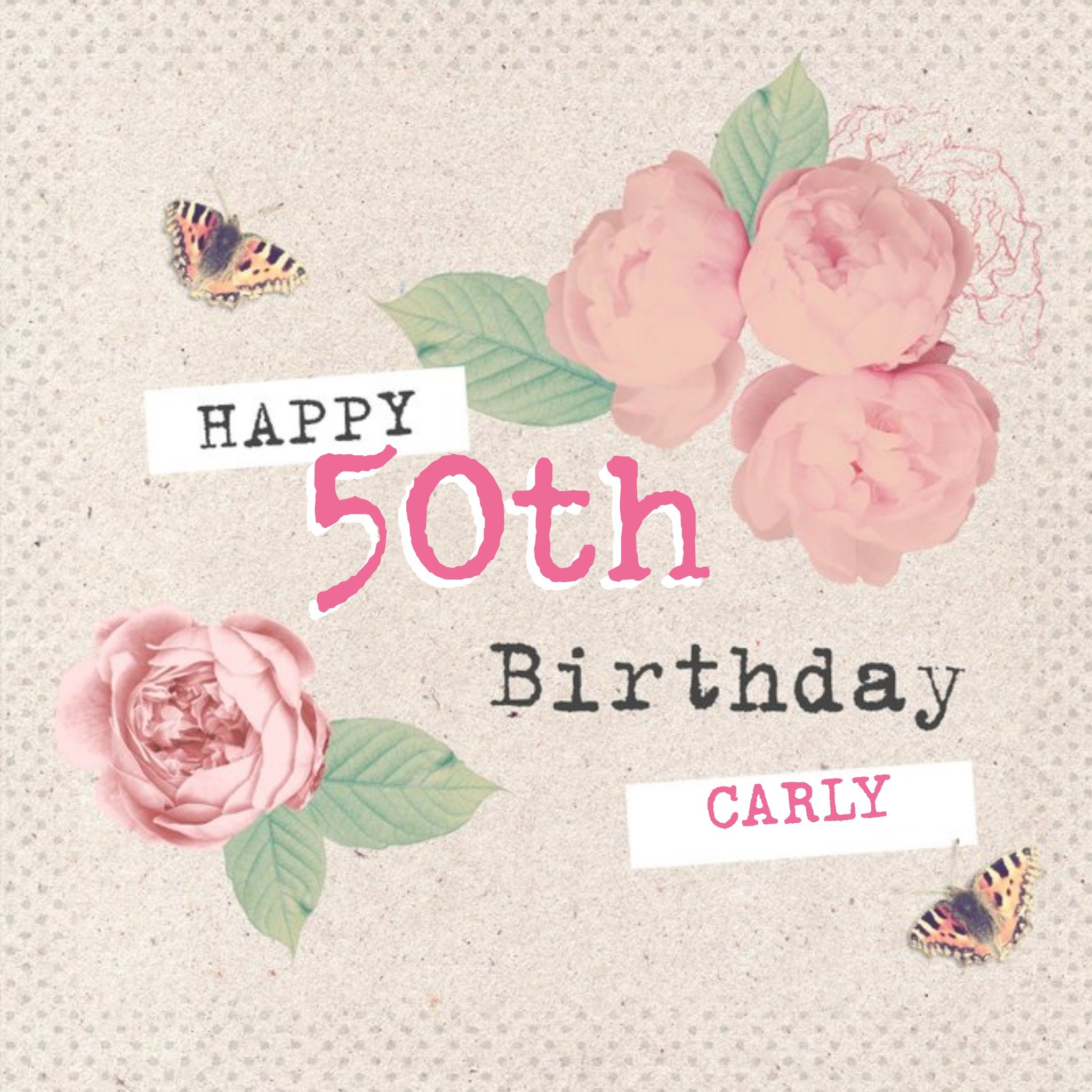 Cream With Roses Personalised Happy 50th Birthday Card, Square